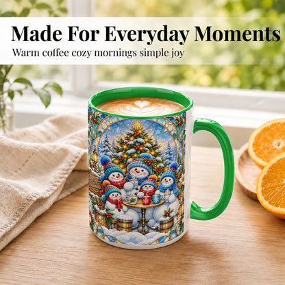 #pl[15oz|Green] Stained Glass Snowman Family Coffee Mug, Christmas Mug, Ceramic Cup
