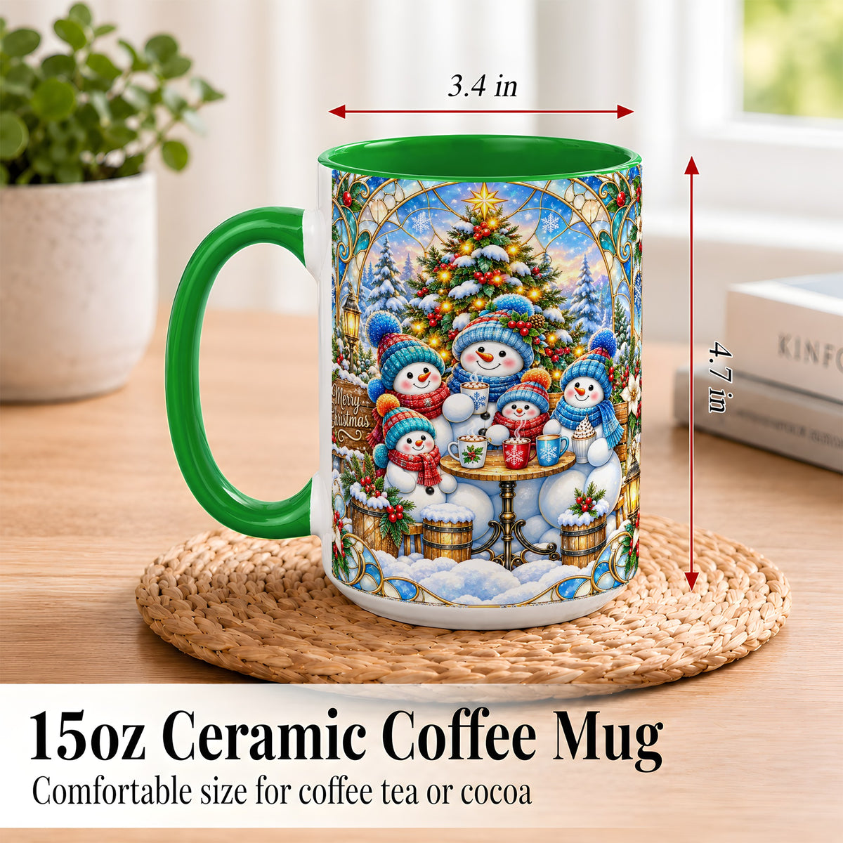 #pl[15oz|Green] Stained Glass Snowman Family Coffee Mug, Christmas Mug, Ceramic Cup