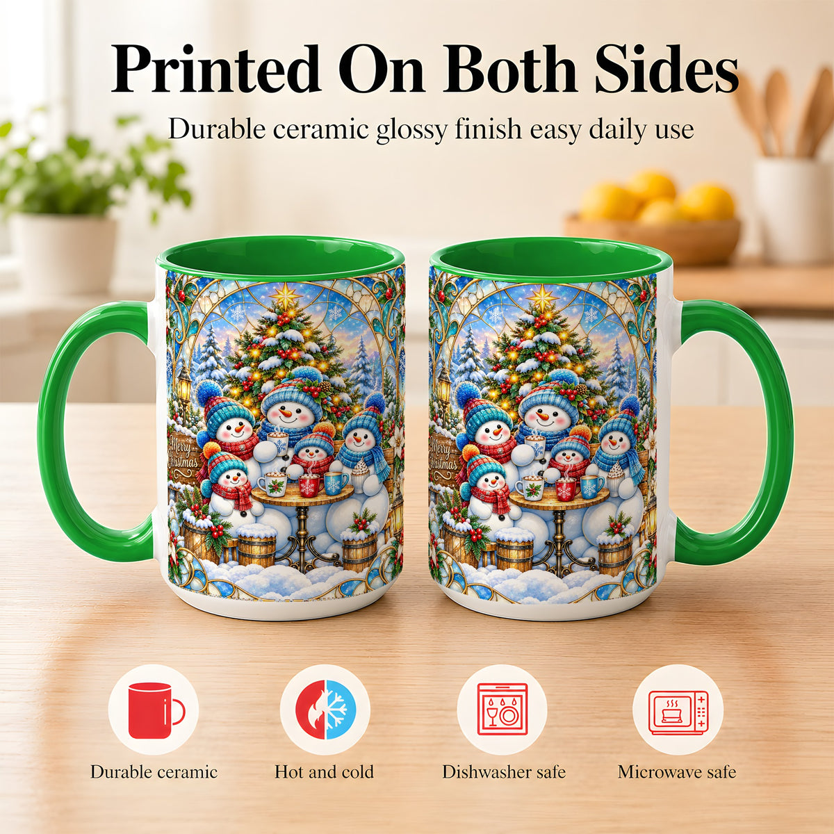 #pl[15oz|Green] Stained Glass Snowman Family Coffee Mug, Christmas Mug, Ceramic Cup