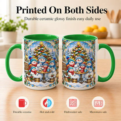 #pl[15oz|Green] Stained Glass Snowman Family Coffee Mug, Christmas Mug, Ceramic Cup