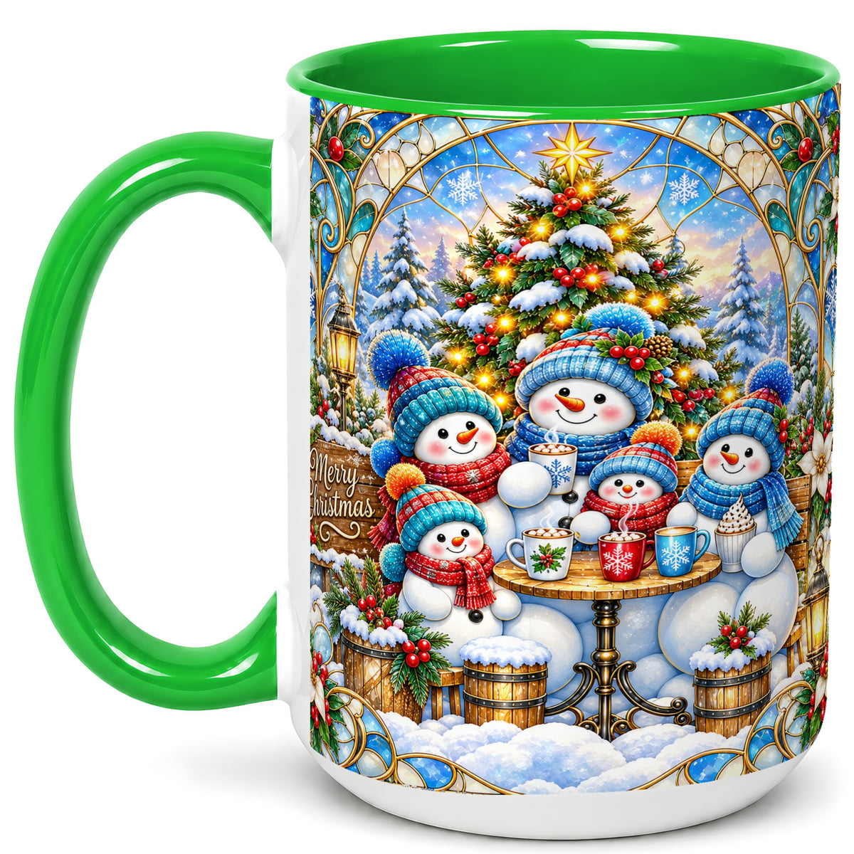 #pl[15oz|Green] Stained Glass Snowman Family Coffee Mug, Christmas Mug, Ceramic Cup