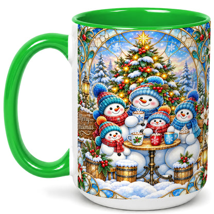 #pl[15oz|Green] Stained Glass Snowman Family Coffee Mug, Christmas Mug, Ceramic Cup