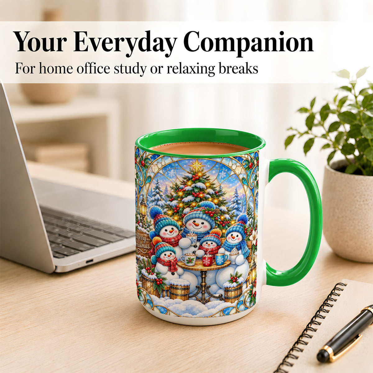 #pl[15oz|Green] Stained Glass Snowman Family Coffee Mug, Christmas Mug, Ceramic Cup