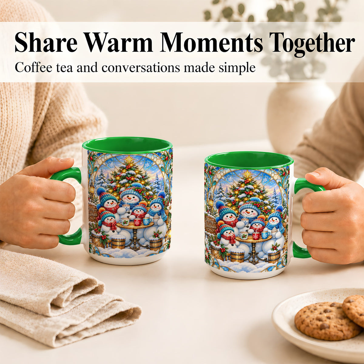 #pl[15oz|Green] Stained Glass Snowman Family Coffee Mug, Christmas Mug, Ceramic Cup