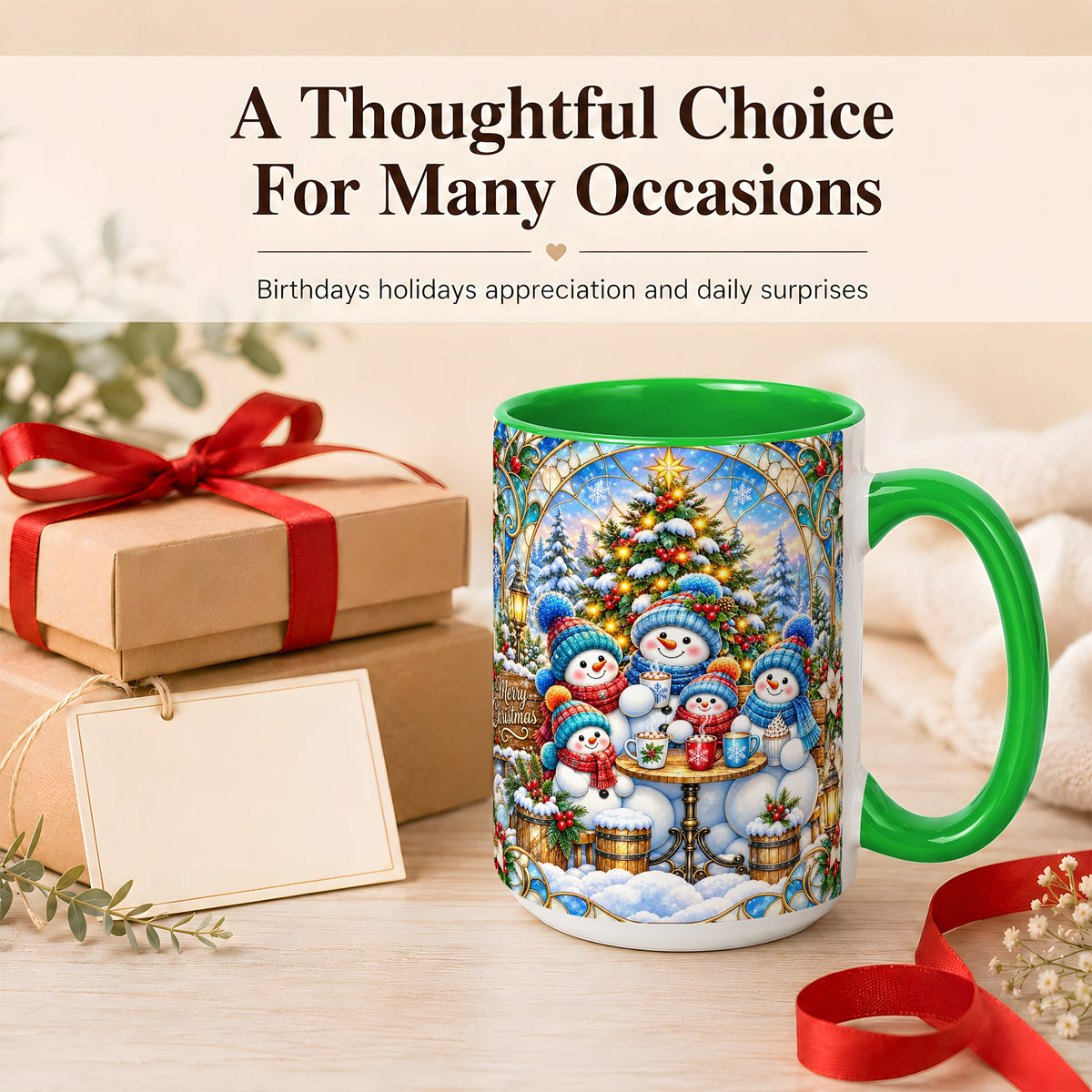#pl[15oz|Green] Stained Glass Snowman Family Coffee Mug, Christmas Mug, Ceramic Cup