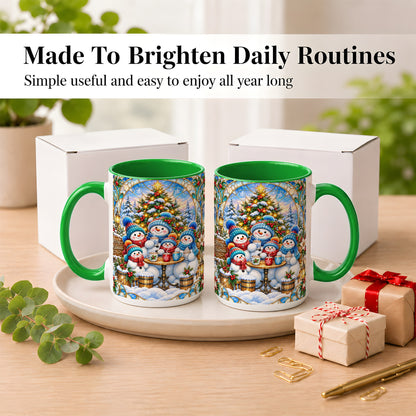 #pl[15oz|Green] Stained Glass Snowman Family Coffee Mug, Christmas Mug, Ceramic Cup