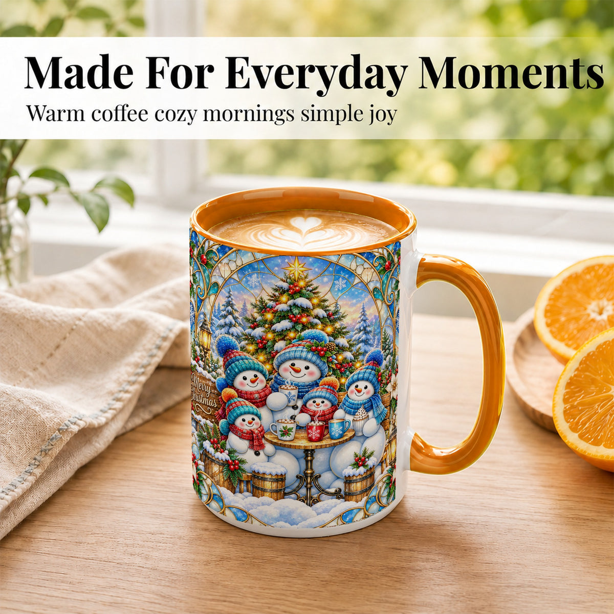 #pl[15oz|Orange] Stained Glass Snowman Family Coffee Mug, Christmas Mug, Ceramic Cup