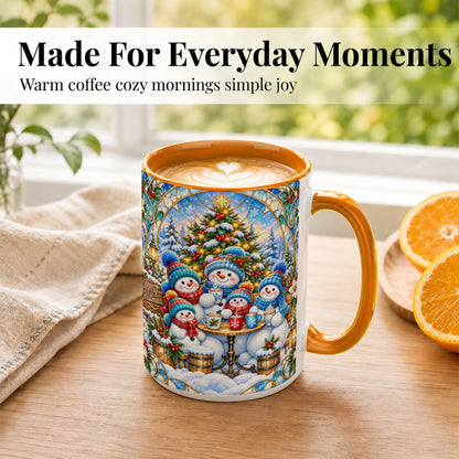 #pl[15oz|Orange] Stained Glass Snowman Family Coffee Mug, Christmas Mug, Ceramic Cup
