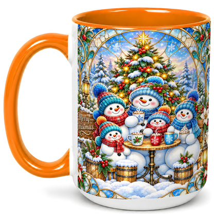 #pl[15oz|Orange] Stained Glass Snowman Family Coffee Mug, Christmas Mug, Ceramic Cup