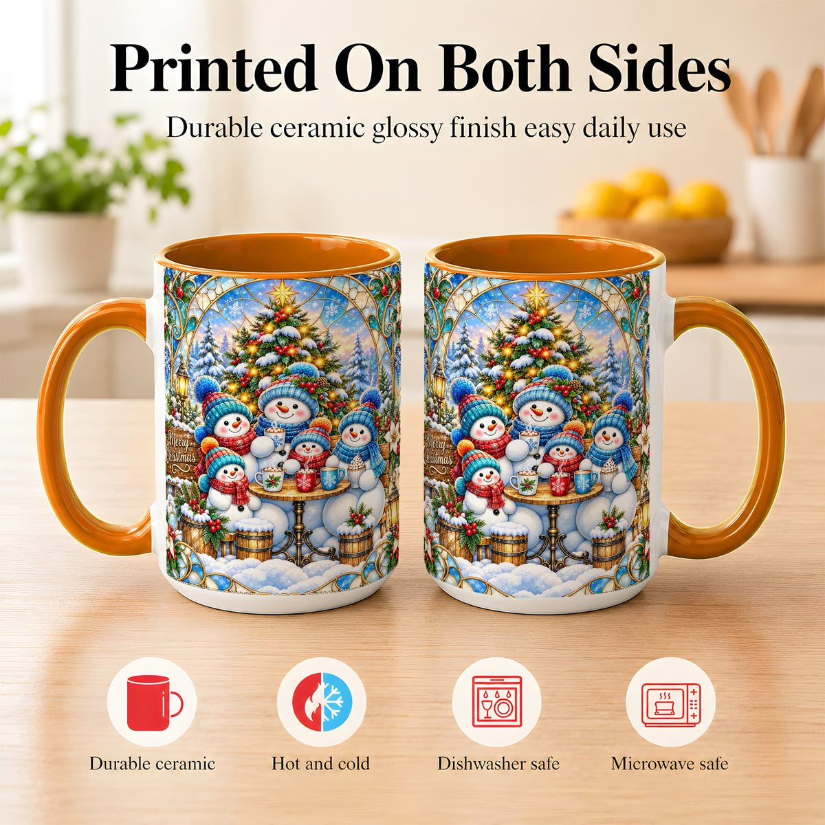 #pl[15oz|Orange] Stained Glass Snowman Family Coffee Mug, Christmas Mug, Ceramic Cup