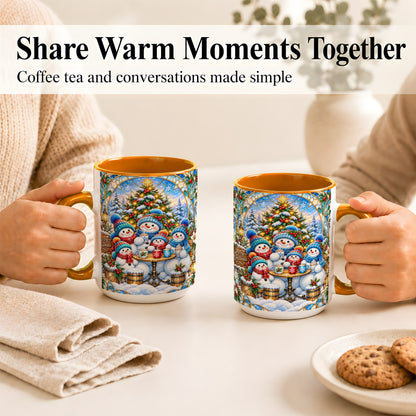 #pl[15oz|Orange] Stained Glass Snowman Family Coffee Mug, Christmas Mug, Ceramic Cup