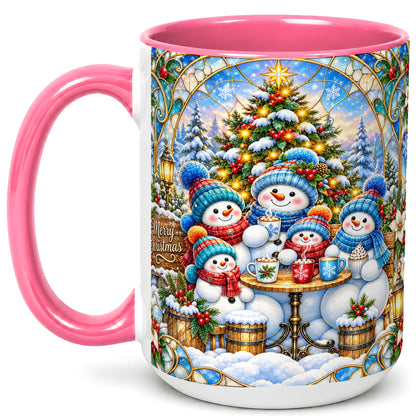 #pl[15oz|Pink] Stained Glass Snowman Family Coffee Mug, Christmas Mug, Ceramic Cup