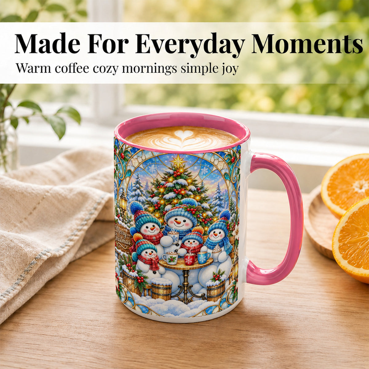 #pl[15oz|Pink] Stained Glass Snowman Family Coffee Mug, Christmas Mug, Ceramic Cup