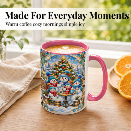 #pl[15oz|Pink] Stained Glass Snowman Family Coffee Mug, Christmas Mug, Ceramic Cup