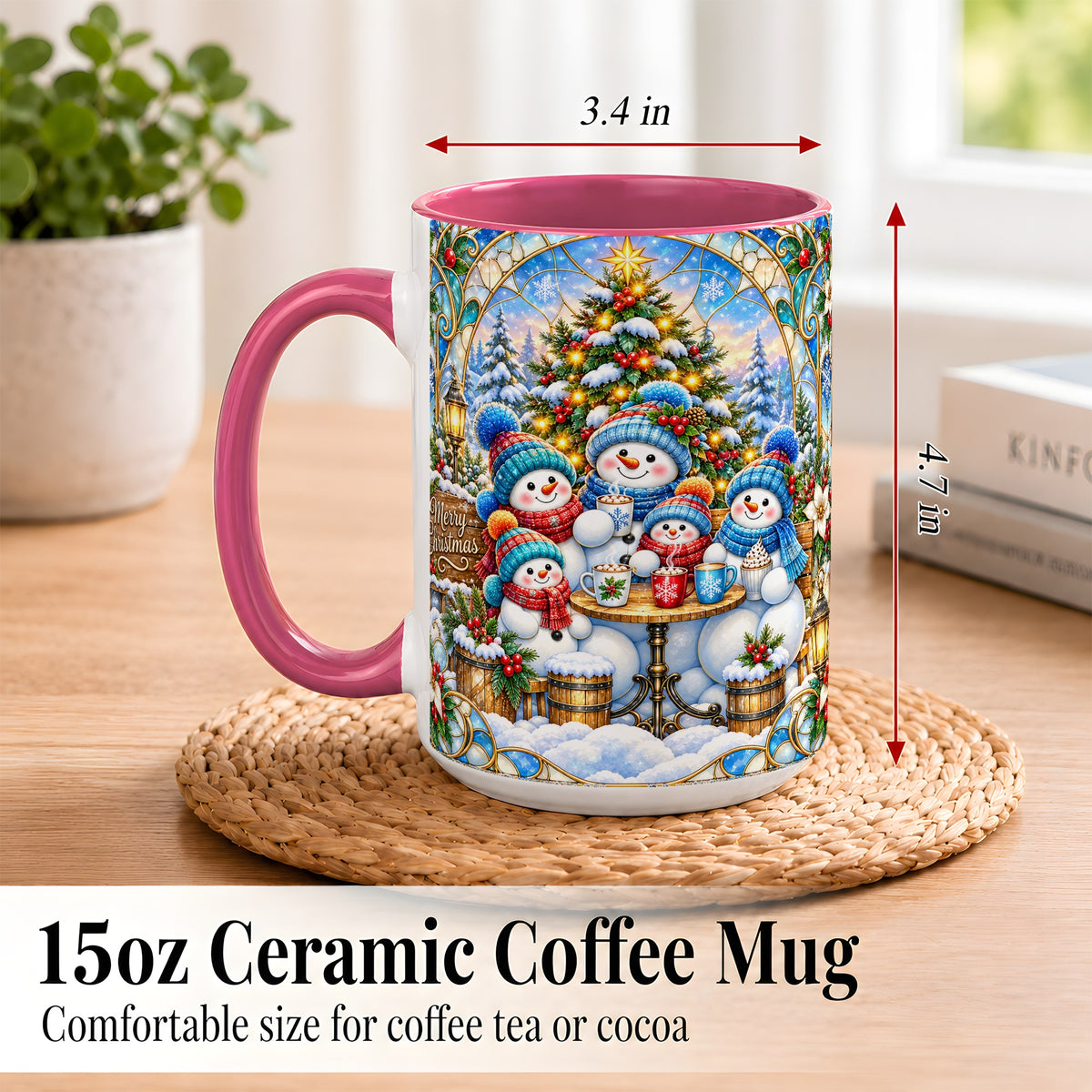 #pl[15oz|Pink] Stained Glass Snowman Family Coffee Mug, Christmas Mug, Ceramic Cup