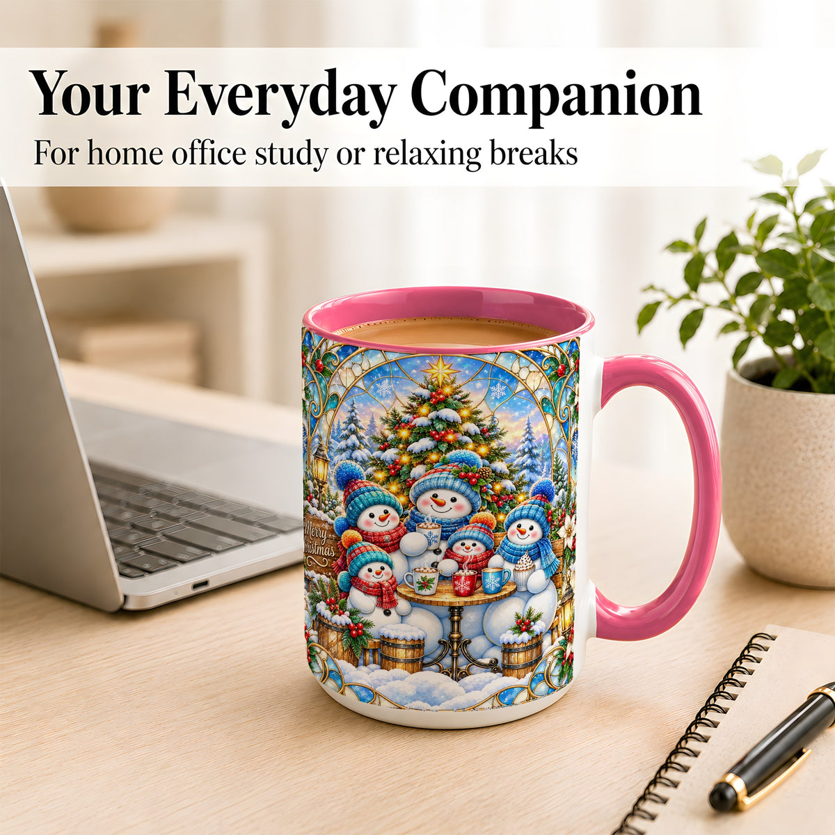 #pl[15oz|Pink] Stained Glass Snowman Family Coffee Mug, Christmas Mug, Ceramic Cup