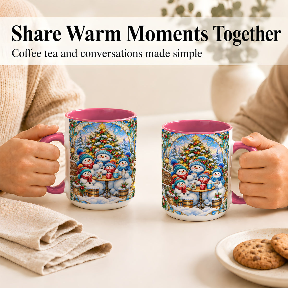 #pl[15oz|Pink] Stained Glass Snowman Family Coffee Mug, Christmas Mug, Ceramic Cup
