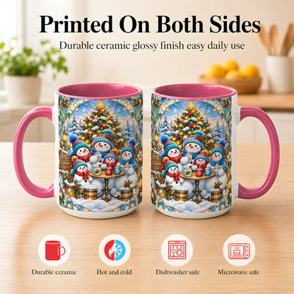 #pl[15oz|Pink] Stained Glass Snowman Family Coffee Mug, Christmas Mug, Ceramic Cup