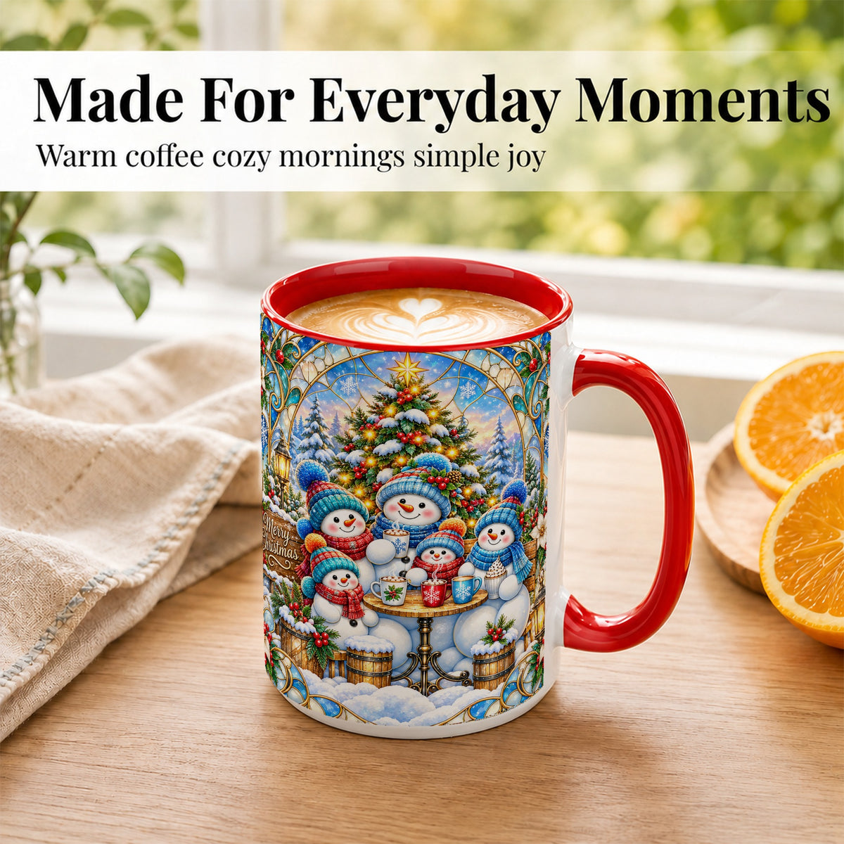 #pl[15oz|Red] Stained Glass Snowman Family Coffee Mug, Christmas Mug, Ceramic Cup