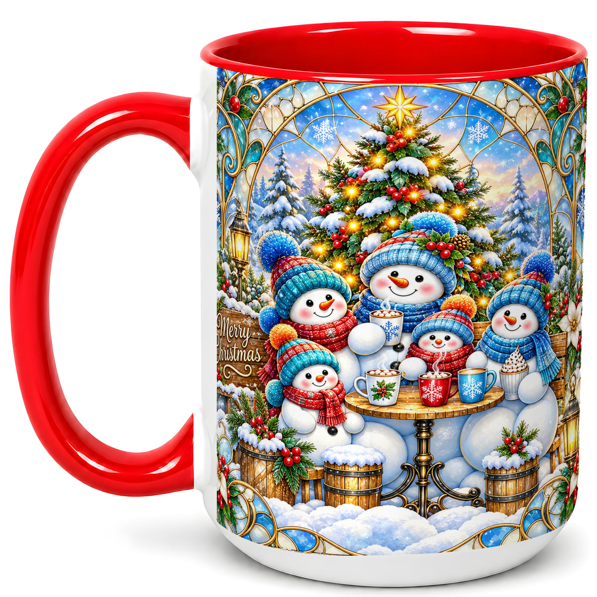 #pl[15oz|Red] Stained Glass Snowman Family Coffee Mug, Christmas Mug, Ceramic Cup