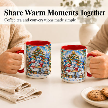 #pl[15oz|Red] Stained Glass Snowman Family Coffee Mug, Christmas Mug, Ceramic Cup