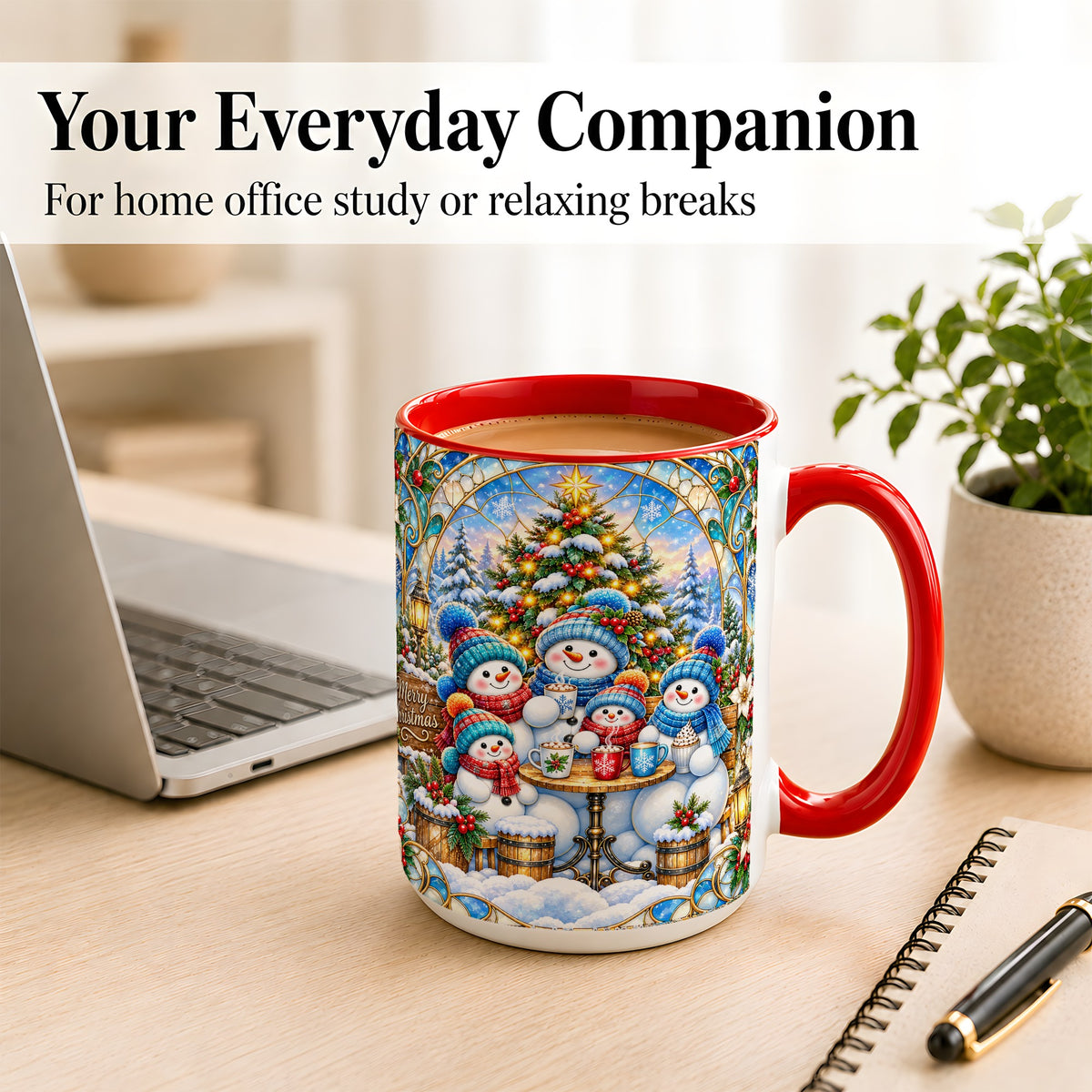 #pl[15oz|Red] Stained Glass Snowman Family Coffee Mug, Christmas Mug, Ceramic Cup