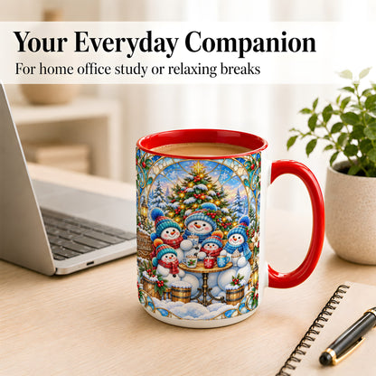 #pl[15oz|Red] Stained Glass Snowman Family Coffee Mug, Christmas Mug, Ceramic Cup