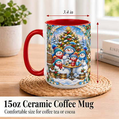 #pl[15oz|Red] Stained Glass Snowman Family Coffee Mug, Christmas Mug, Ceramic Cup