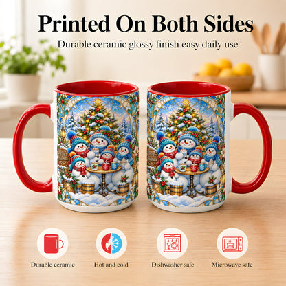 #pl[15oz|Red] Stained Glass Snowman Family Coffee Mug, Christmas Mug, Ceramic Cup