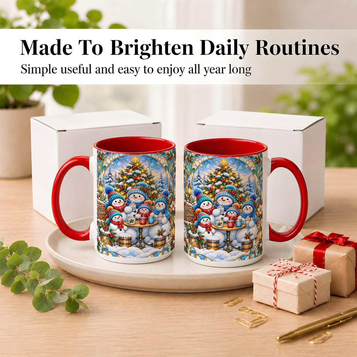 #pl[15oz|Red] Stained Glass Snowman Family Coffee Mug, Christmas Mug, Ceramic Cup