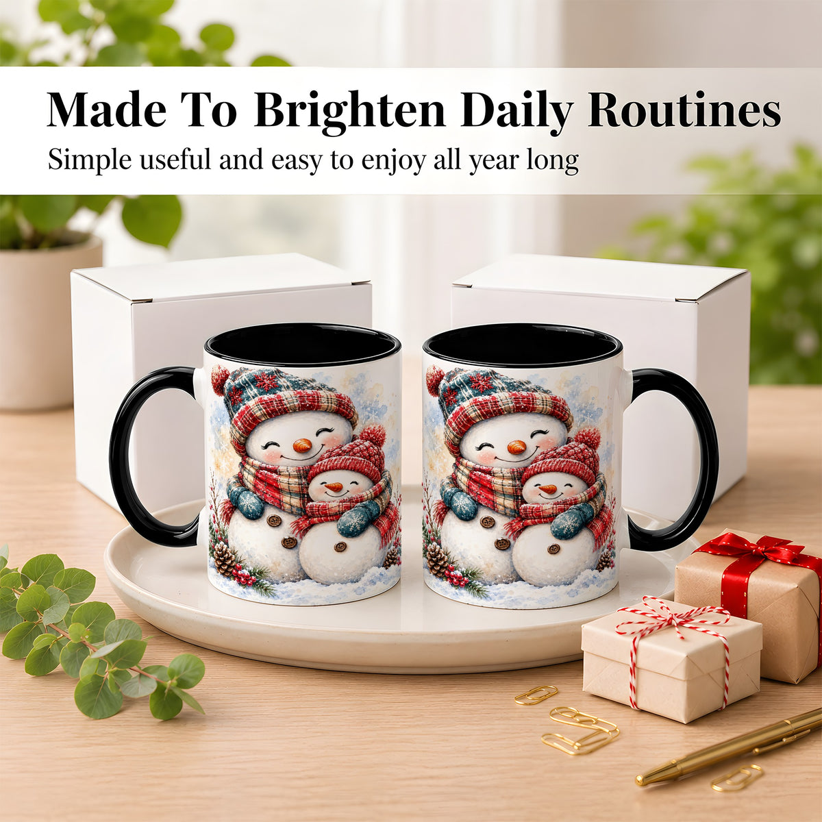 #pl[11oz|Black] Snowman Family Coffee Mug, Cozy Winter Mug, Ceramic Cup