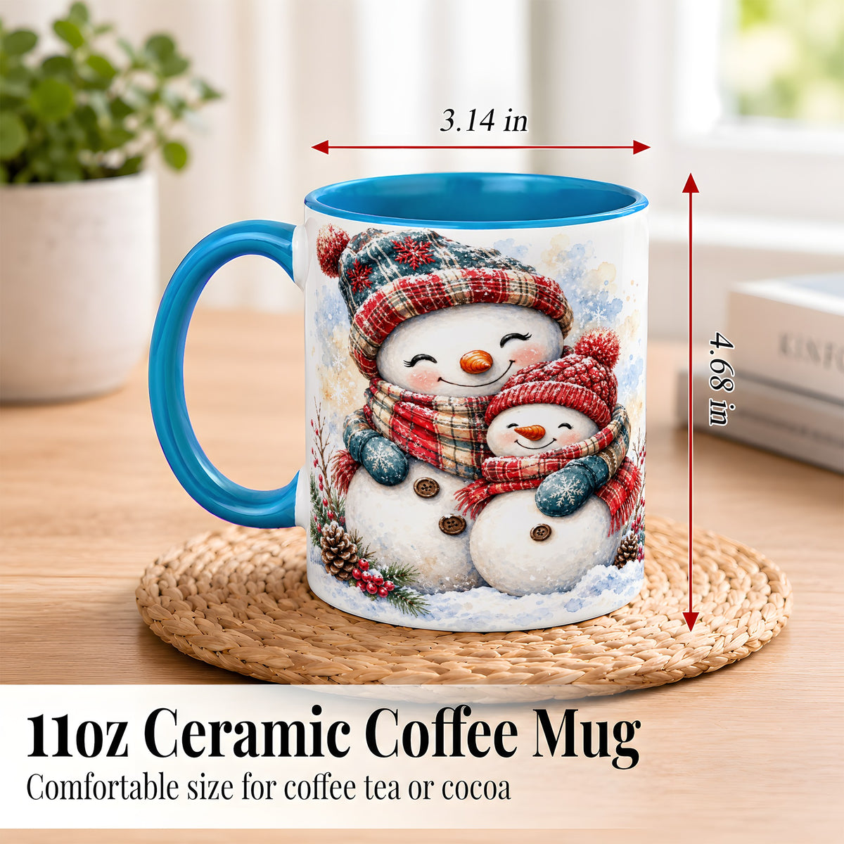 #pl[11oz|Blue] Snowman Family Coffee Mug, Cozy Winter Mug, Ceramic Cup