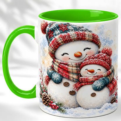 #pl[11oz|Green] Snowman Family Coffee Mug, Cozy Winter Mug, Ceramic Cup
