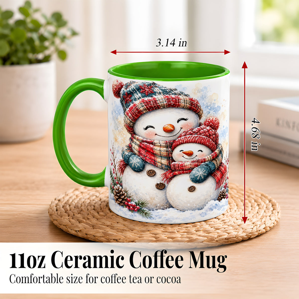 #pl[11oz|Green] Snowman Family Coffee Mug, Cozy Winter Mug, Ceramic Cup