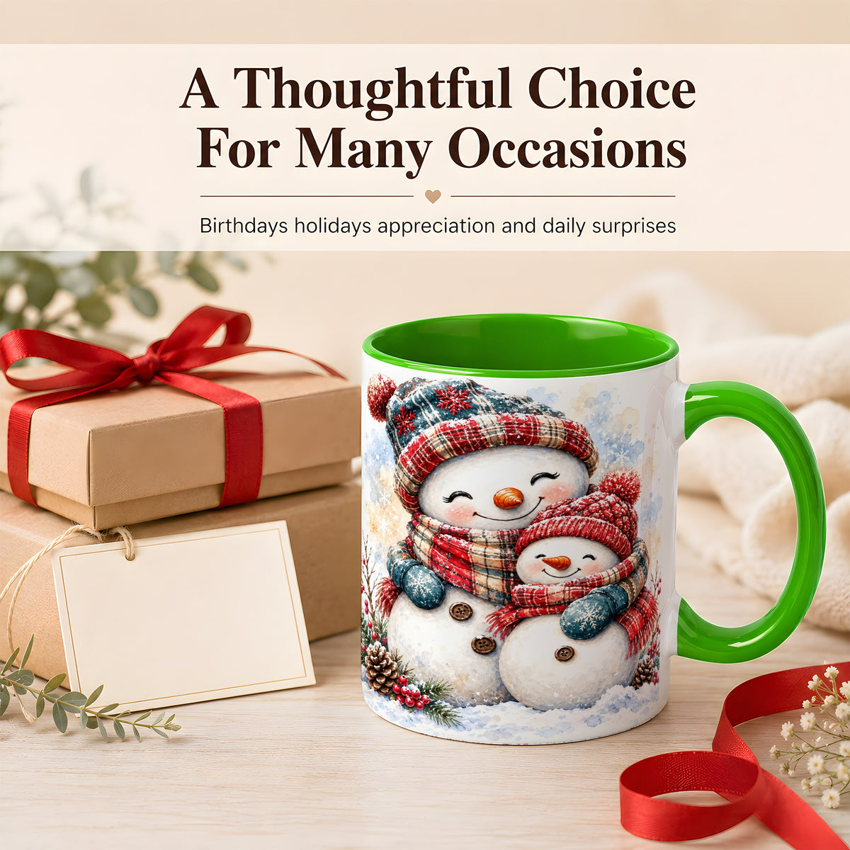 #pl[11oz|Green] Snowman Family Coffee Mug, Cozy Winter Mug, Ceramic Cup