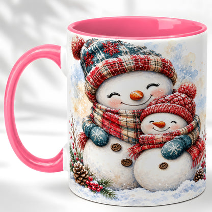 #pl[11oz|Pink] Snowman Family Coffee Mug, Cozy Winter Mug, Ceramic Cup