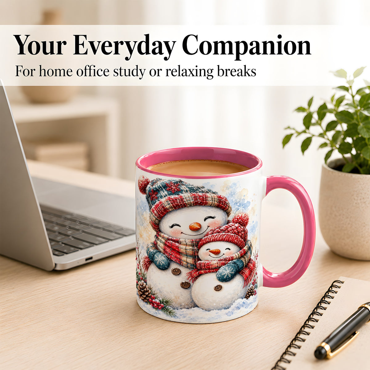 #pl[11oz|Pink] Snowman Family Coffee Mug, Cozy Winter Mug, Ceramic Cup