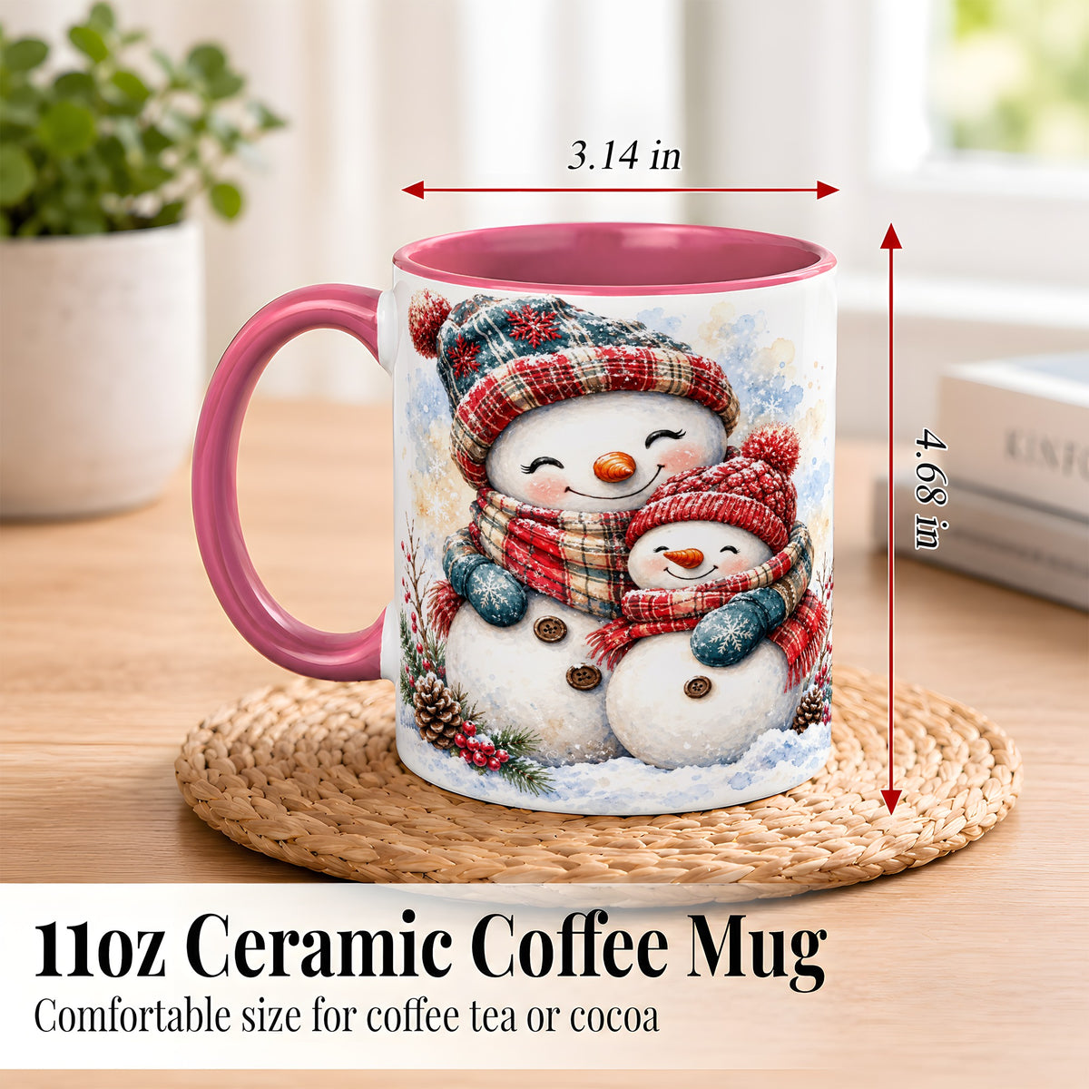#pl[11oz|Pink] Snowman Family Coffee Mug, Cozy Winter Mug, Ceramic Cup