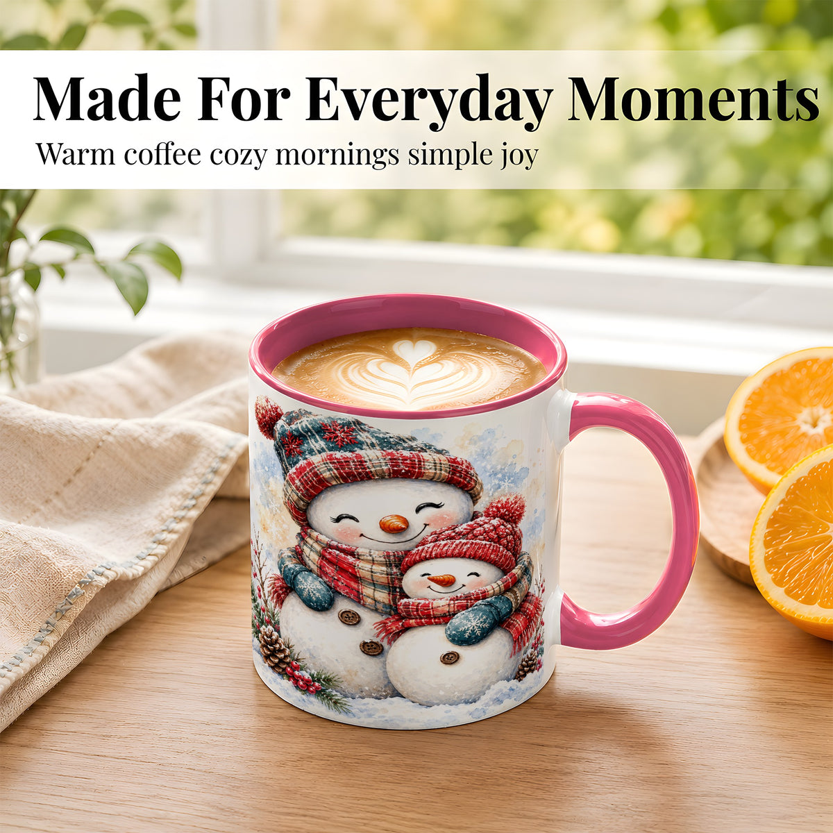 #pl[11oz|Pink] Snowman Family Coffee Mug, Cozy Winter Mug, Ceramic Cup