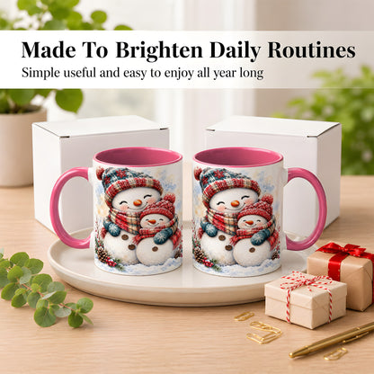 #pl[11oz|Pink] Snowman Family Coffee Mug, Cozy Winter Mug, Ceramic Cup