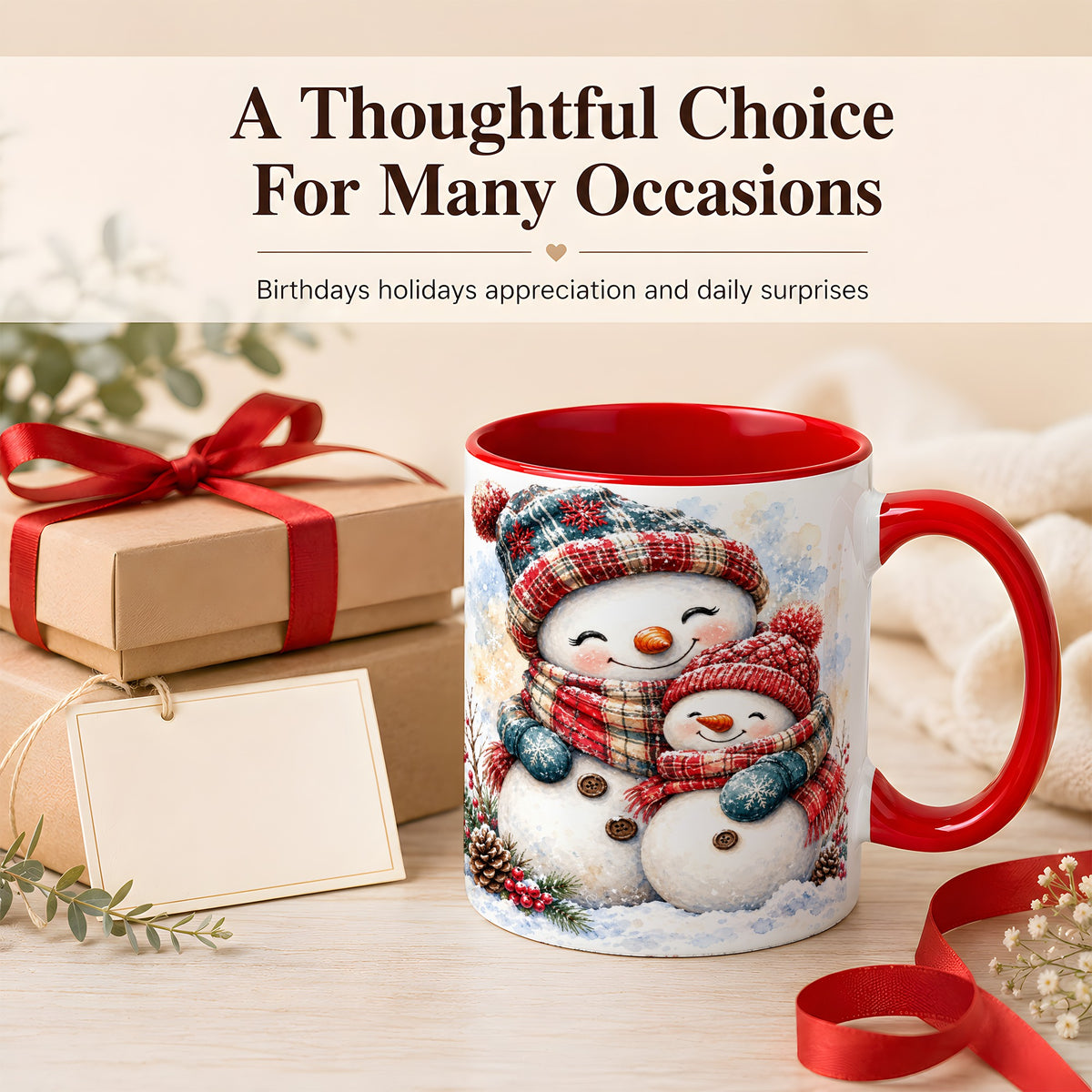 #pl[11oz|Red] Snowman Family Coffee Mug, Cozy Winter Mug, Ceramic Cup