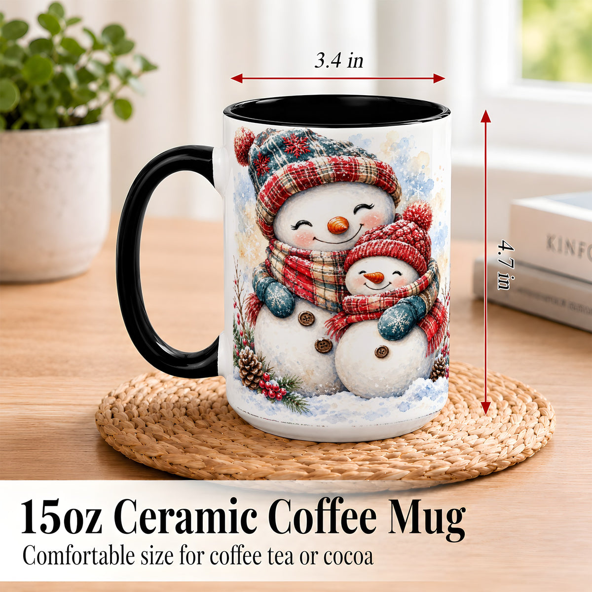#pl[15oz|Black] Snowman Family Coffee Mug, Cozy Winter Mug, Ceramic Cup