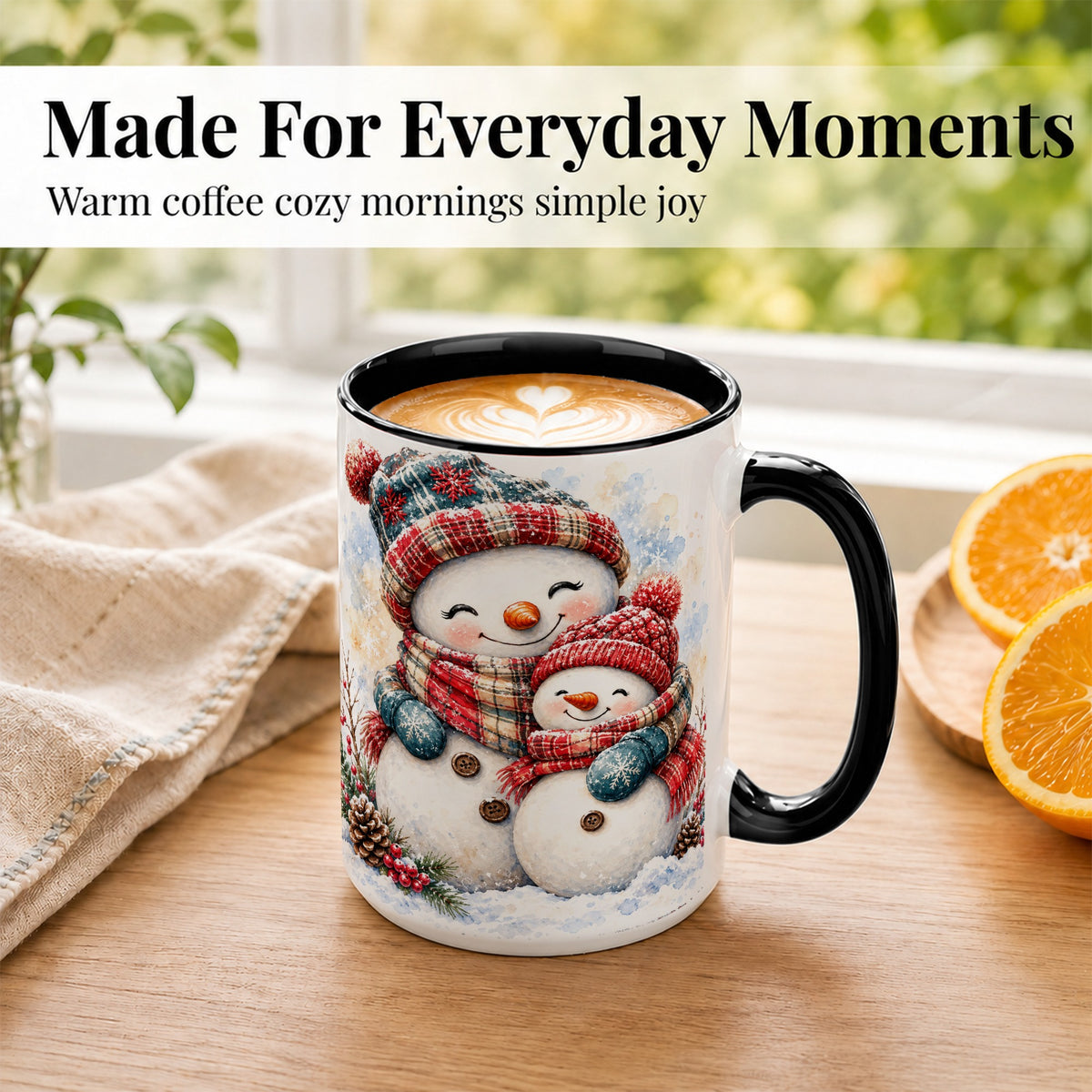 #pl[15oz|Black] Snowman Family Coffee Mug, Cozy Winter Mug, Ceramic Cup