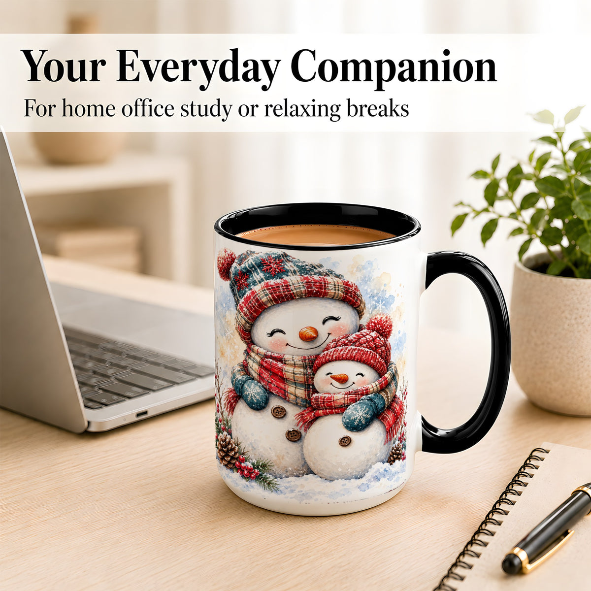 #pl[15oz|Black] Snowman Family Coffee Mug, Cozy Winter Mug, Ceramic Cup