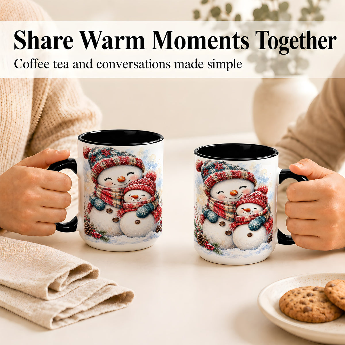 #pl[15oz|Black] Snowman Family Coffee Mug, Cozy Winter Mug, Ceramic Cup