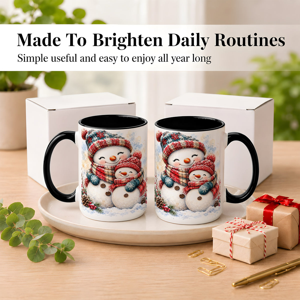 #pl[15oz|Black] Snowman Family Coffee Mug, Cozy Winter Mug, Ceramic Cup