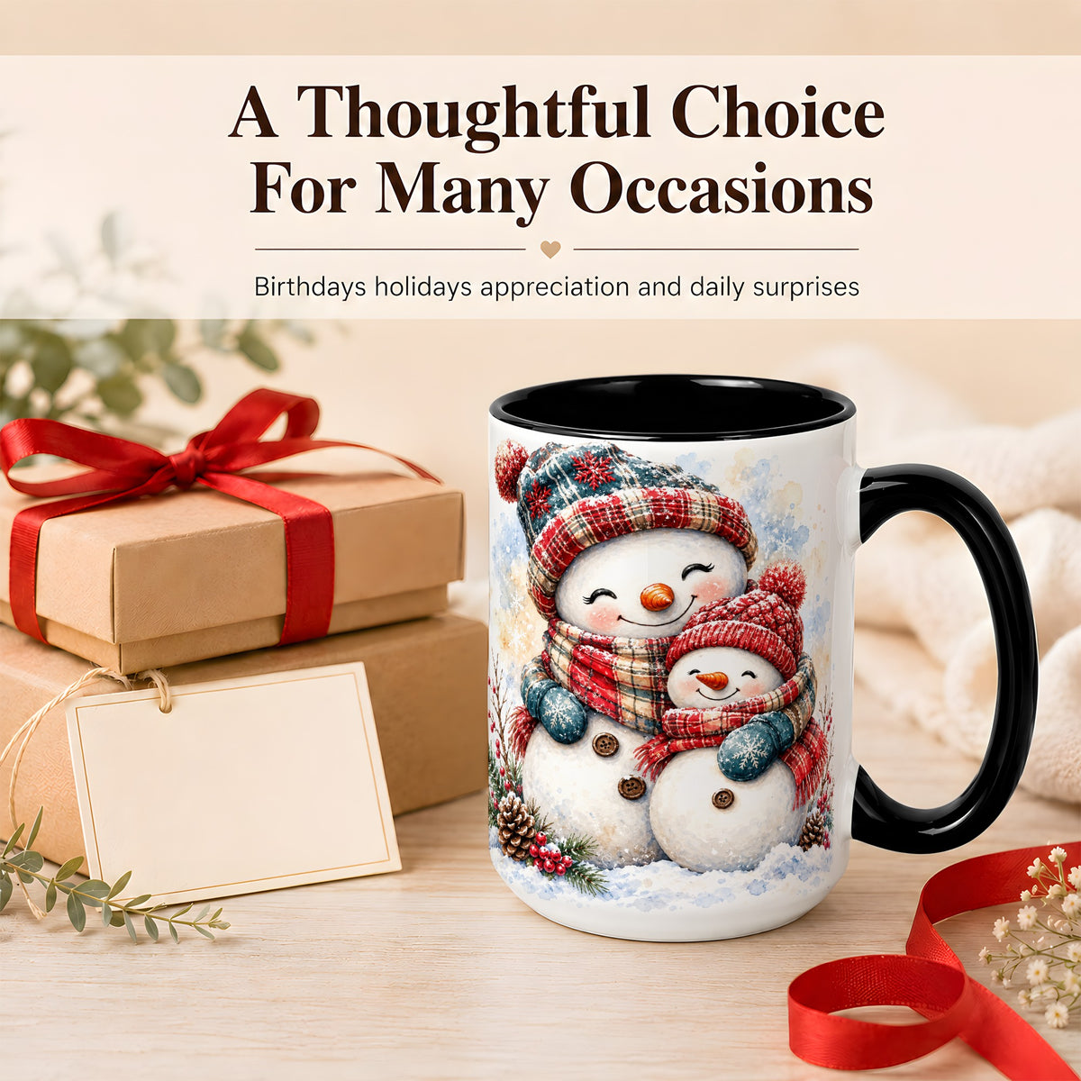 #pl[15oz|Black] Snowman Family Coffee Mug, Cozy Winter Mug, Ceramic Cup