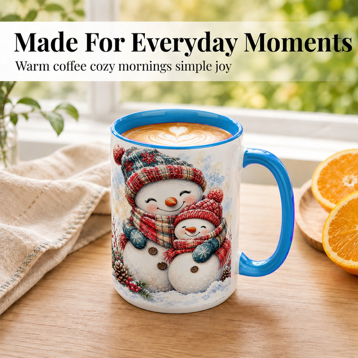 #pl[15oz|Blue] Snowman Family Coffee Mug, Cozy Winter Mug, Ceramic Cup