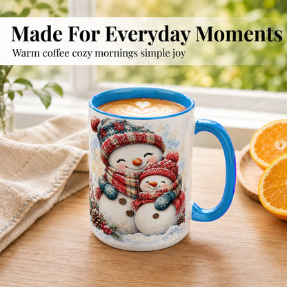 #pl[15oz|Blue] Snowman Family Coffee Mug, Cozy Winter Mug, Ceramic Cup