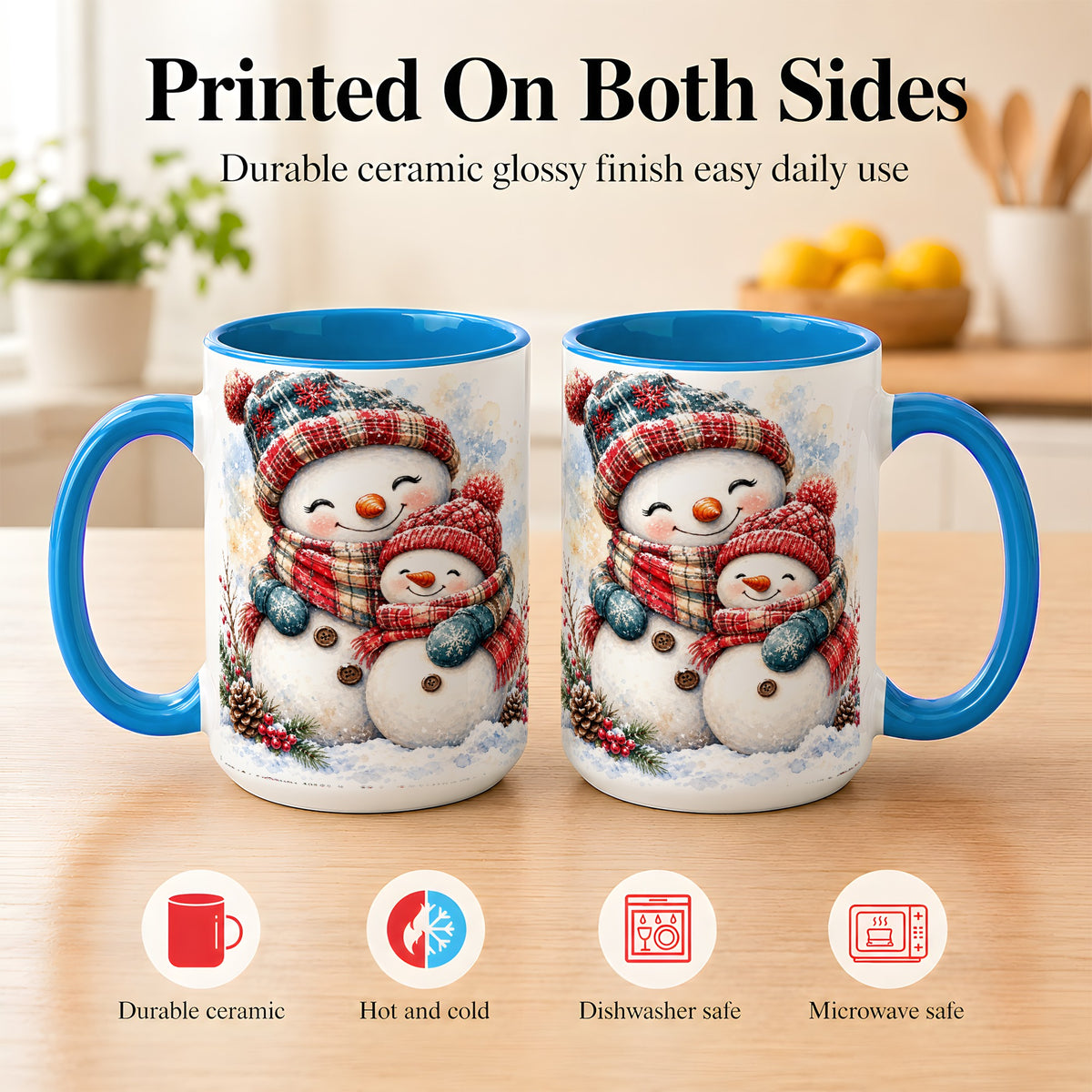 #pl[15oz|Blue] Snowman Family Coffee Mug, Cozy Winter Mug, Ceramic Cup